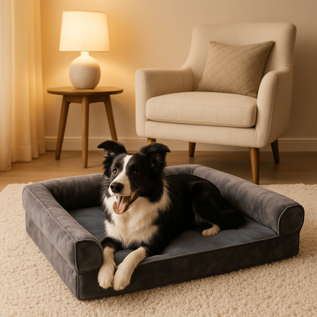 Lit-canape-pour-chien-dehoussable-lavable-un border collie confortablement couché sur le matelas orthopédique avec accoudoirs 100% coton PP 100% imperméable et antidérapant dans son salon