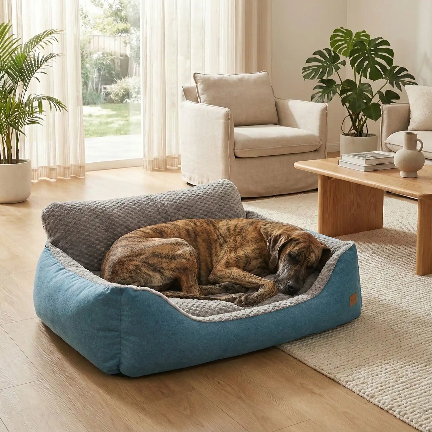 Lit-canape-pour-chien-chiot-déhoussable, lavable en machine, antidérapant et imperméable avec rembourrage 100% coton haute densité, anti-affaissement et ergonomique qui protège les articulations, la colonne vertébrale et favorise la récupération musculaire, idéal pour les chiots en croissance, les chiens agés et fragiles aux articulations-hypoallergénique pour chiien de petite à très grande grande taille-un chien de grande race qui dort dans son canapé lit xxl solide dans lle salon de la maison