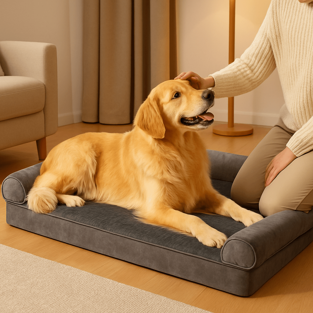 Lit-canapé-pour-chien-déhoussable-xxl un grand chien qui se fait caresser par son maitre, couché sur le ventre le long de son matelas orthopédique à mémoire de forme et accoudoir 100% coton PP avec couverture polaire amovible et lavable en machine imperméable et antidérapant de couleur gris dans le salon de l'appartement