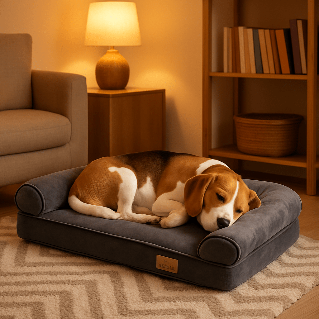 Lit-canapé-pour-chien-déhoussable avec matelas orthopédique-un beagle qui dort en boule confortablement sur le canapé lit avec couverture hiver amovible et lavable en machine dans son salon