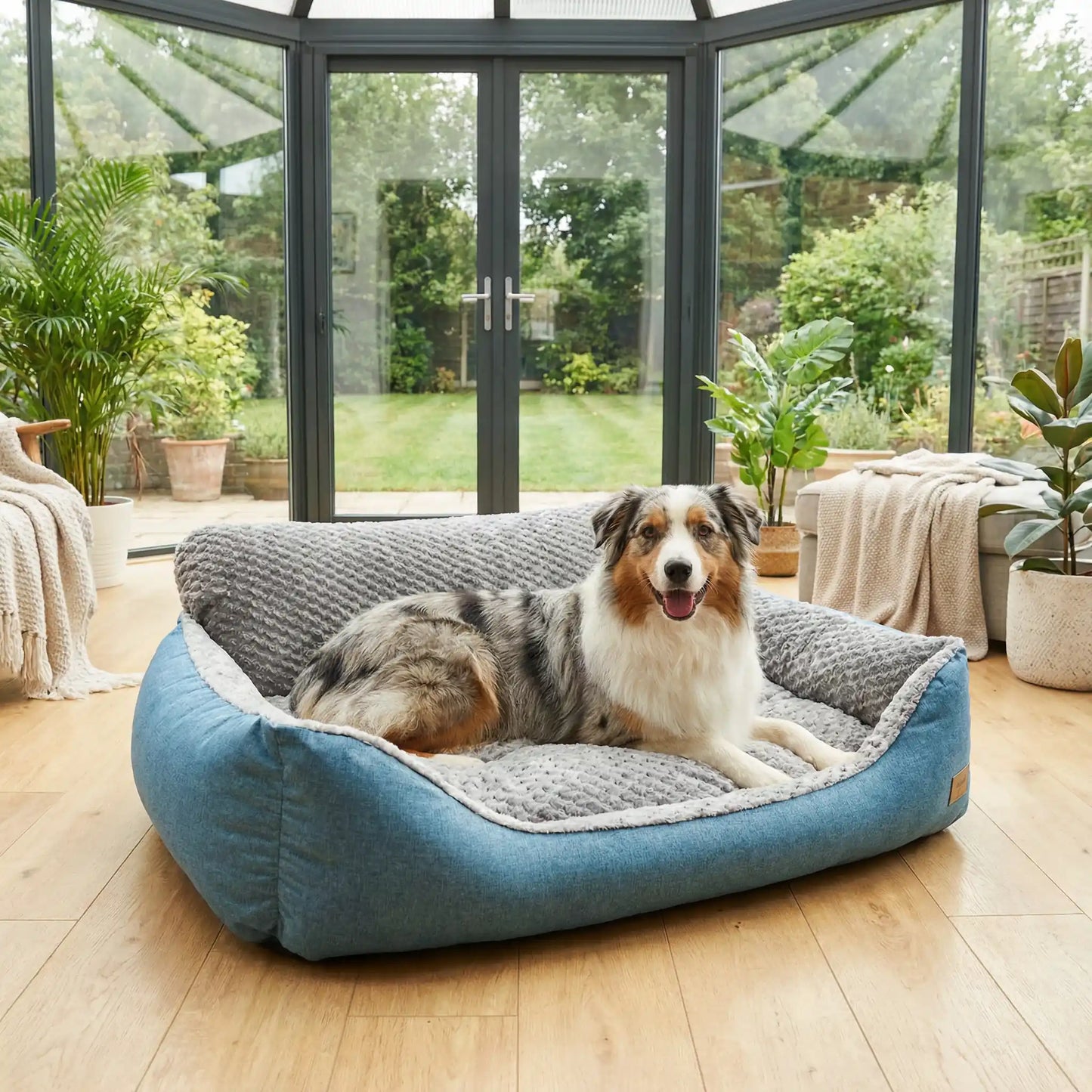 Lit-canape-pour-chien-chiot-déhoussable, lavable en machine, antidérapant et imperméable avec rembourrage 100% coton haute densité, anti-affaissement et ergonomique qui protège les articulations, la colonne vertébrale et favorise la récupération musculaire, idéal pour les chiots en croissance, les chiens agés et fragiles aux articulations-hypoallergénique pour chien de petite à très grande grande taille-un chien de taille moyenne couché confortablement dans son canapé lit xxl solide dans la véranda