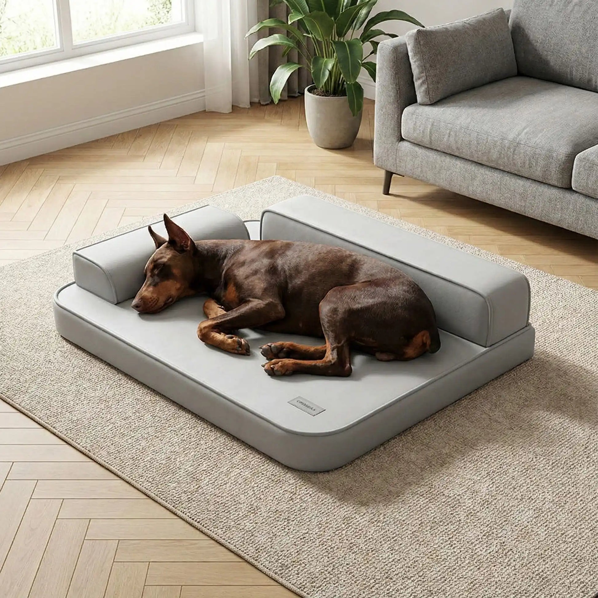 Lit-canapé-pour-chien-chiot-imperméable-orthopédique-dehoussable-lavable en machine, antidérapant,accoudoirs haut en forme de L de couleur gris, technologie anti déchirure, coutures résistantes et solides garantissant sa longue longévité-rembourrage 100% coton haute densité et matelas en mousse éponge haute résilience  à mémoire de forme-un Dobermann qui dort couché sur le flanc contre les haut accoudoirs sur son lit design xxl dans le salon de l'appartement 