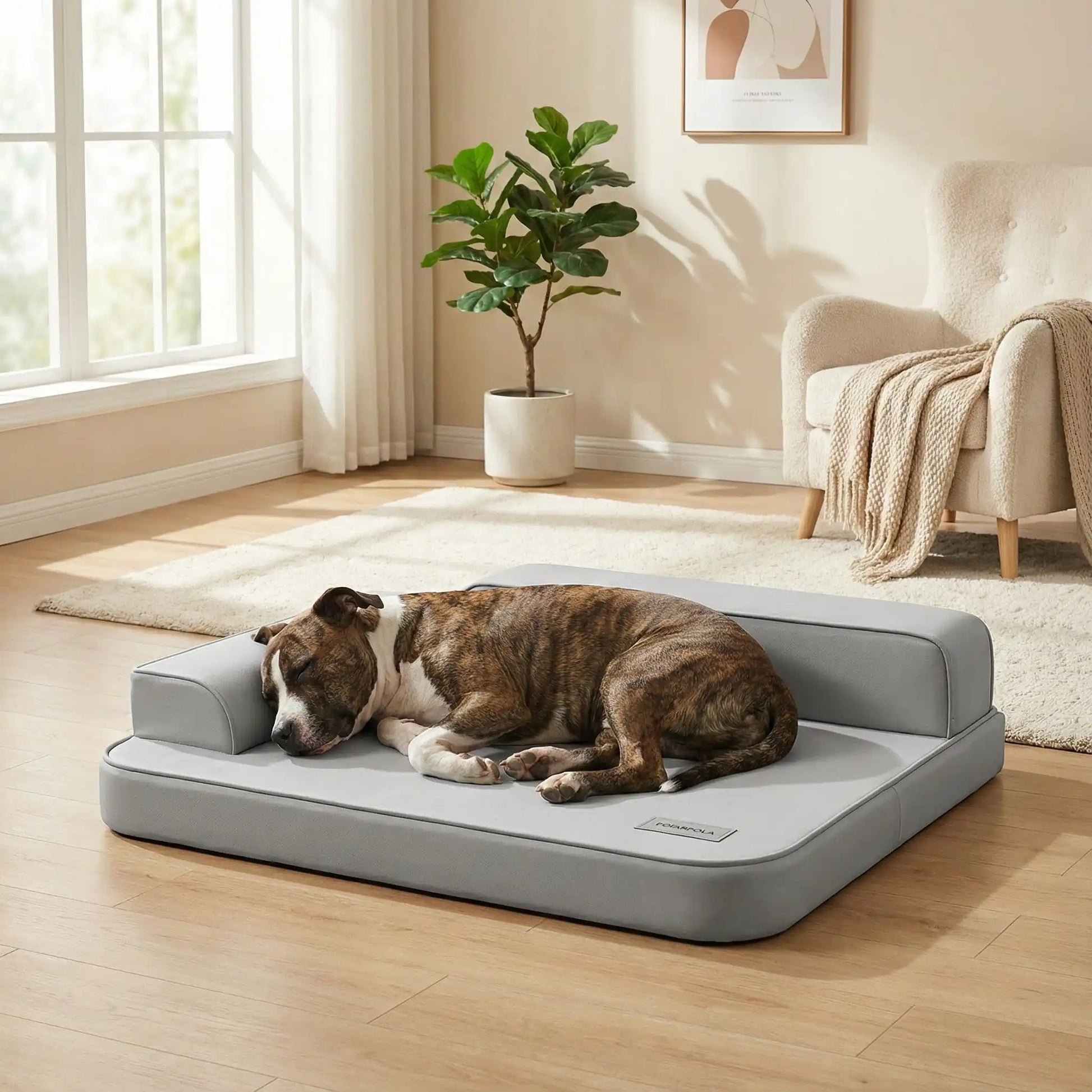 Lit-canapé-pour-chien-chiot-imperméable-orthopédique-dehoussable-lavable en machine, antidérapant,accoudoirs haut en forme de L de couleur gris, technologie anti déchirure, coutures résistantes et solides garantissant sa longue longévité-rembourrage 100% coton haute densité et matelas en mousse éponge haute résilience  à mémoire de forme-un chien de taille moyenne qui dort paisiblement et apaisé sur son lit au design contemporain xxl dans le salon de la maison