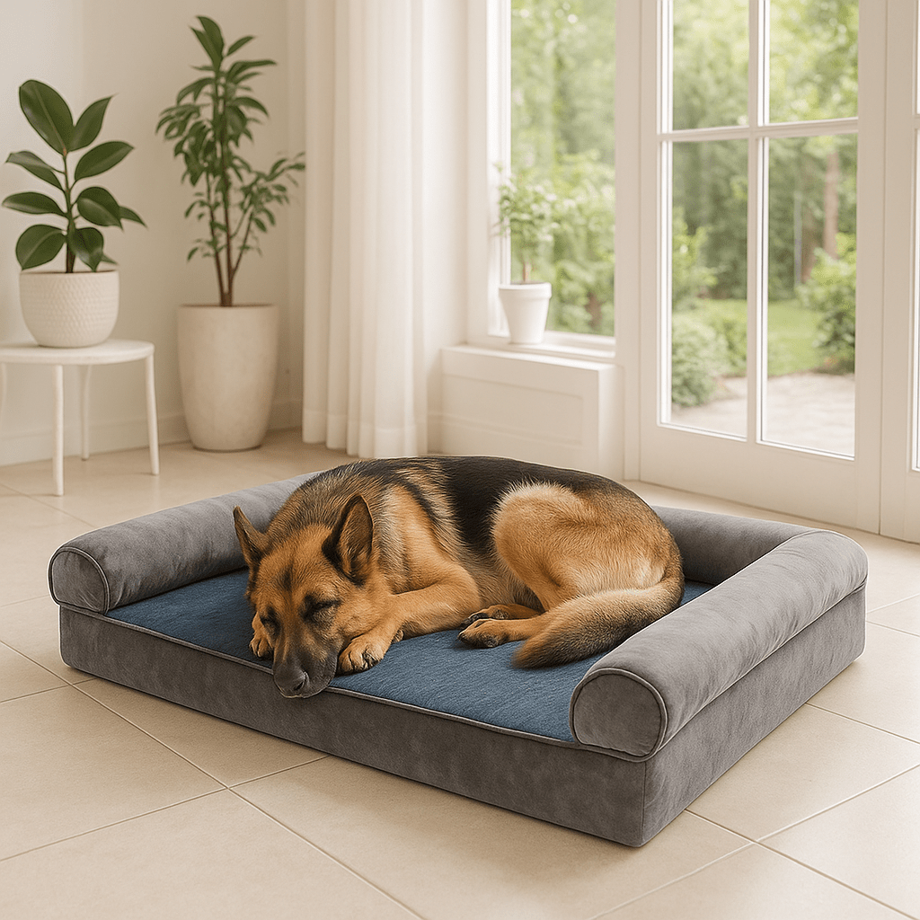 Lit-canapé-pour-chien-orthopédique-déhoussable-xxl-un grand chien qui dort en boule dans son grand lit avec couverture amovible pour l'hiver-lit 4 saisons modulable et résistant aux griffes et imperméable
