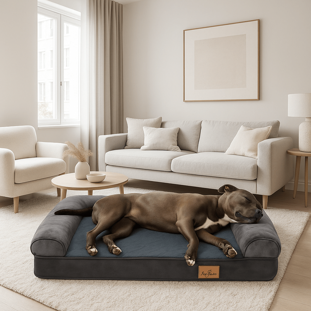 Lit-canapé-pour-chien-orthopédique-imperméable-un gros chien couché sur le flanc et de tout son long qui dort paisiblement sur le matelas orthopédique à mémoire de forme, sa t^te reposant sur le rebord cylindrique 100% coton haute densité imperméable et lavable en machine de couleur gris dans son salon au design moderne 