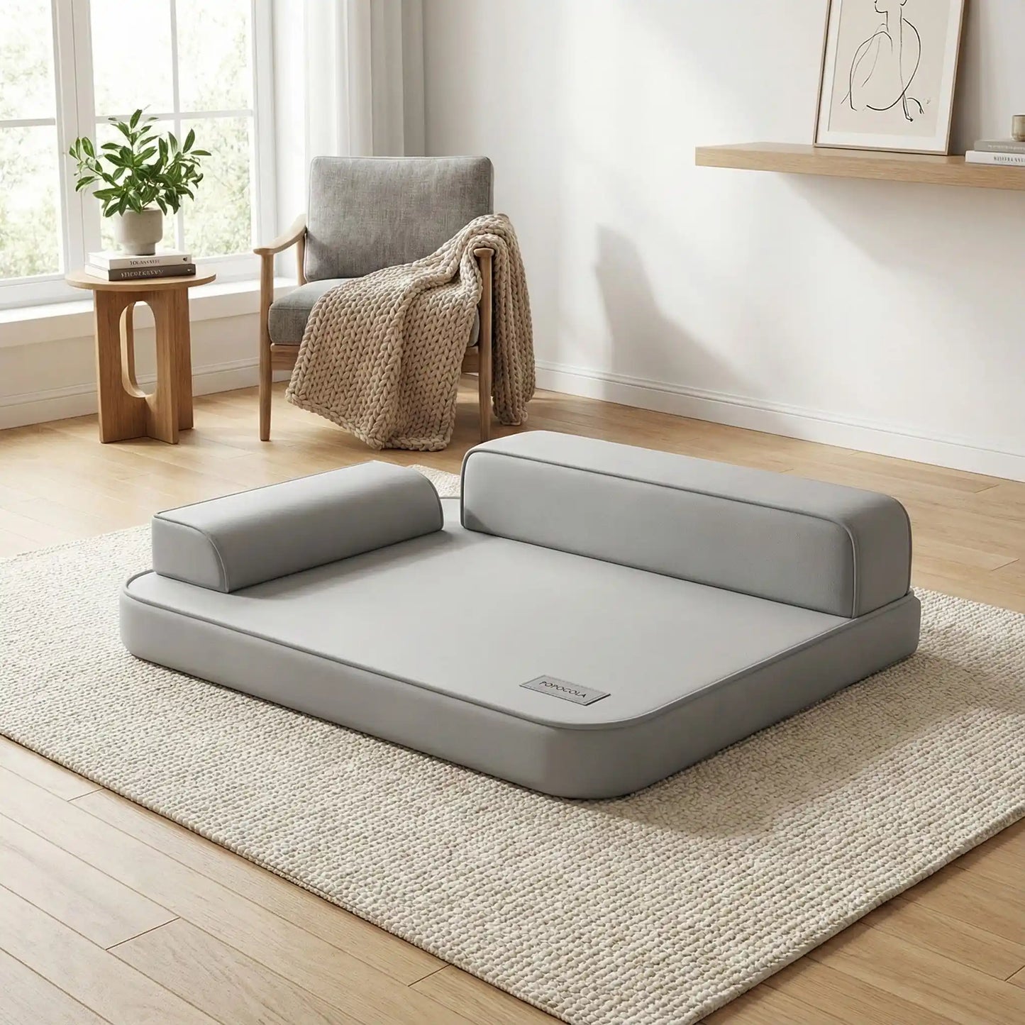 Lit-canapé-pour-chien-chiot-imperméable-orthopédique-dehoussable-lavable en machine, antidérapant,accoudoirs haut en forme de L de couleur gris, technologie anti déchirure, coutures résistantes et solides garantissant sa longue longévité-rembourrage 100% coton haute densité et matelas en mousse éponge haute résilience  à mémoire de forme-pour chien de petite, moyenne et grande taille de 9 à 40 kg max