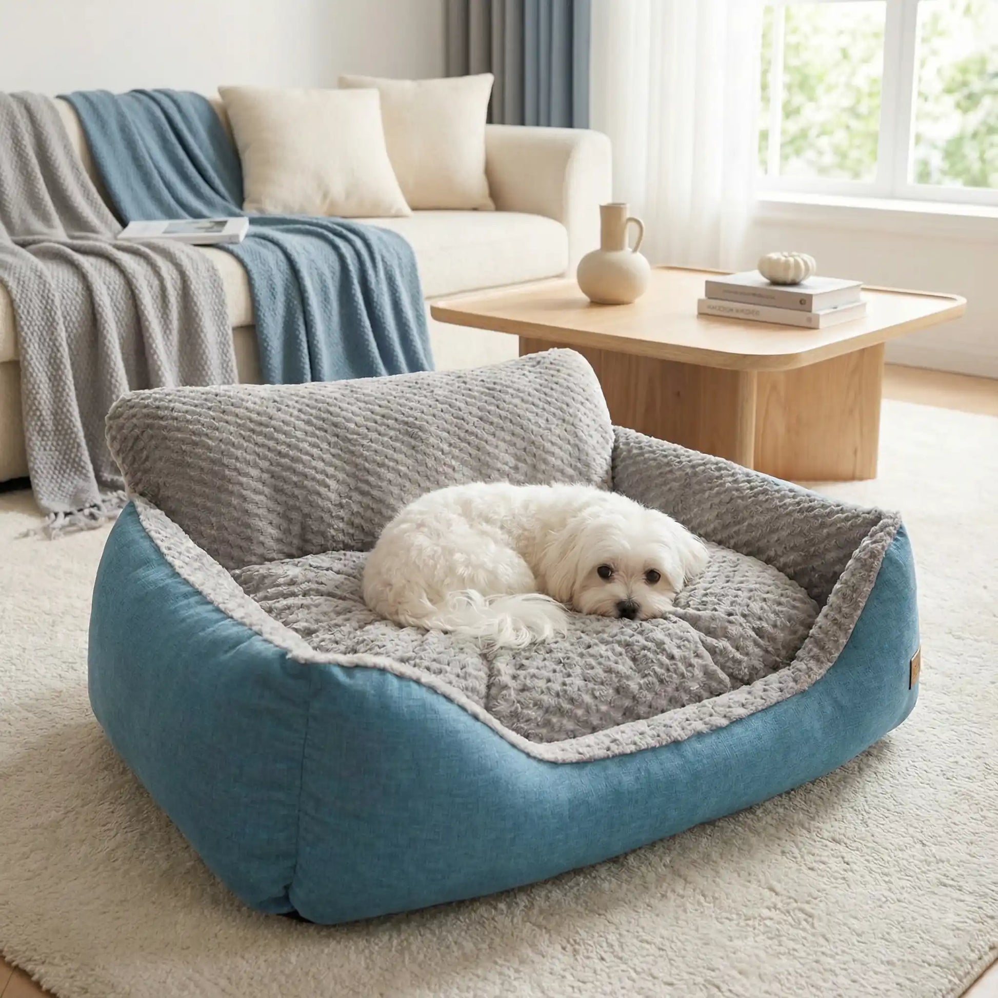 Lit-canape-pour-chien-chiot-déhoussable, lavable en machine, antidérapant et imperméable avec rembourrage 100% coton haute densité, anti-affaissement et ergonomique qui protège les articulations, la colonne vertébrale et favorise la récupération musculaire, idéal pour les chiots en croissance, les chiens agés et fragiles aux articulations-hypoallergénique pour chiien de petite à très grande grande taille-un petit chien couché confortablement dans son canapé lit taille S,solide dans le salon de l'appartement