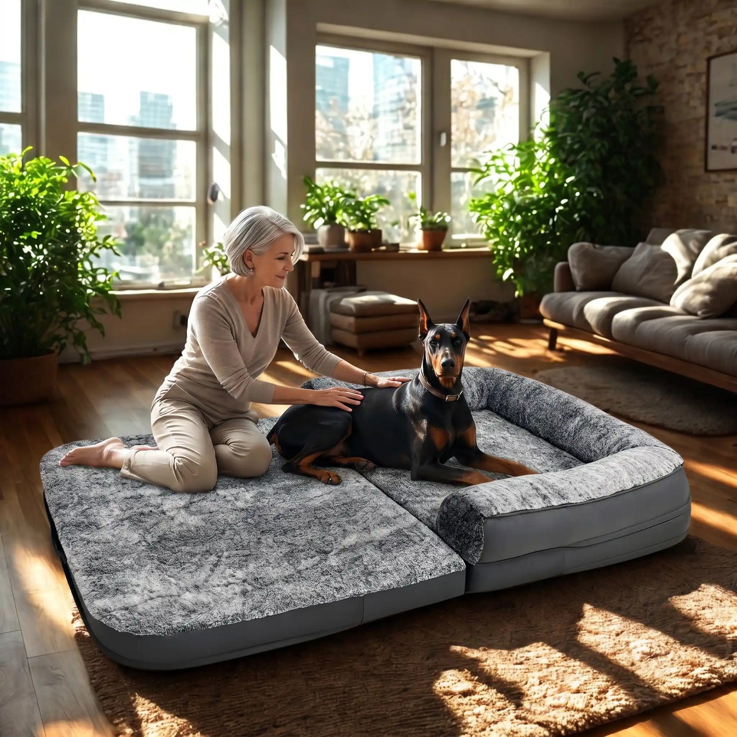 Lit-canapé-pour-chien-xxl-imperméable déhoussable et lavable en machine, matelas à mémoire de forme 100% coton éponge haute densité et haute résilience pour un soutien orthopédique pour chiens de grande race, housse douce en velours, effet peluche et accoudoir en U au rembourrage 100% coton haute densité-un chien de grande race couché avec sa maitresse assise pour des caresses et câlins sur le canapé orthopédique à mémoire de forme en version lit et déplié entourant dans le salon du grand appartement