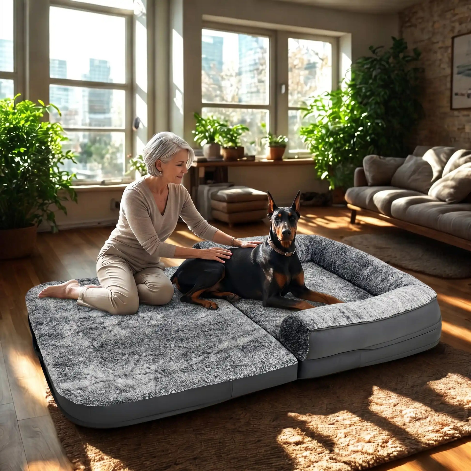 Lit-canapé-pour-chien-xxl-imperméable déhoussable et lavable en machine, matelas à mémoire de forme 100% coton éponge haute densité et haute résilience pour un soutien orthopédique pour chiens de grande race, housse douce en velours, effet peluche et accoudoir en U au rembourrage 100% coton haute densité-un chien de grande race couché avec sa maitresse assise pour des caresses et câlins sur le canapé orthopédique à mémoire de forme en version lit et déplié entourant dans le salon du grand appartement