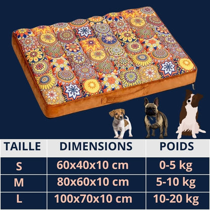 Lit-chien-orthopédique-matelas-guide-des-tailles-3-tailles-disponibles-S-M-L-pour chien de petite à moyenne taille-dimensions détaillée et poids du chien
