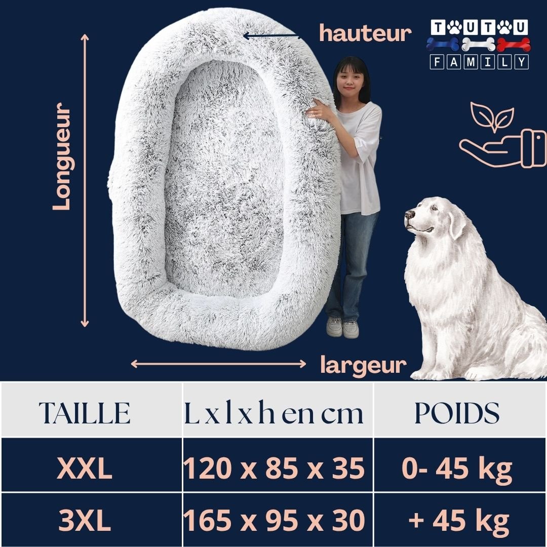 Lit-chien-xxl-guide-des-tailles-2 tailles disponible XXL et 3XL pour grand chien et très grand chien de + de 50 kg-dimension jusqu'à 165 cm de longueur