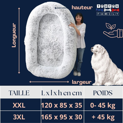 Lit-chien-xxl-guide-des-tailles-2 tailles disponible XXL et 3XL pour grand chien et très grand chien de + de 50 kg-dimension jusqu'à 165 cm de longueur