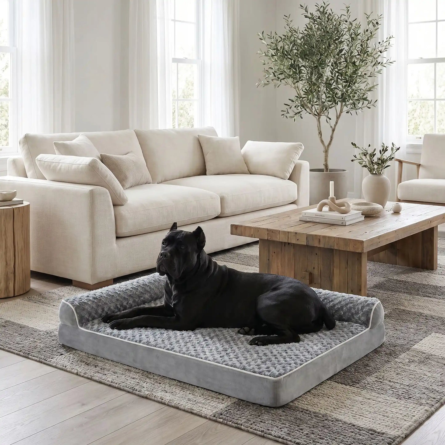 Lit-pour-chien-orthopédique-xxl avec traversin intégré,antidérapant-imperméable-déhoussable-lavable en machine-résistant aux griffes et morsures  pour grand chien et chiot jusqu'à 50 kg max-en velours côtelé et 100% Coton PP et deux traversins cylindriques rembourré en forme de L de couleur gris pour un effet apaisant et sécurisant-un chien de grande race couché confortablement sur son lit orthopédique, son corps niché contre le coussin surélevé en L des deux traversins dans le salon de la maison