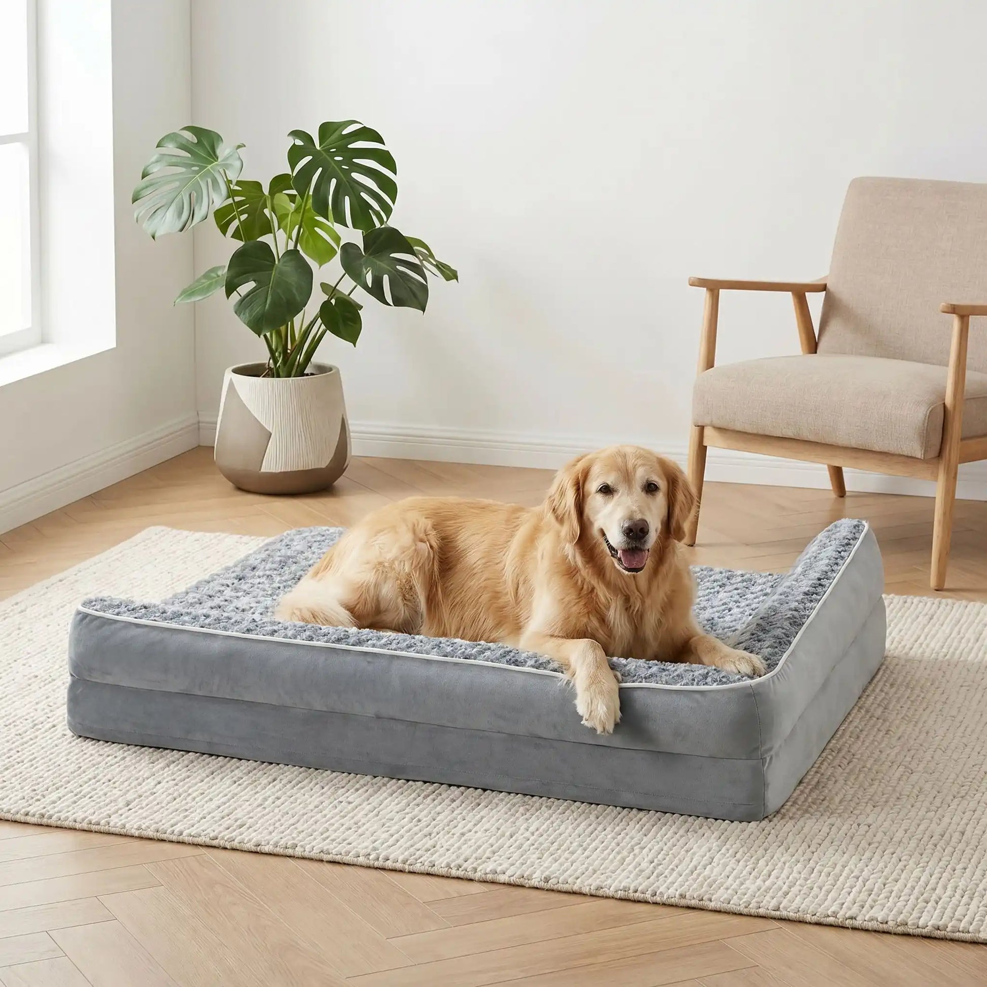 Lit-pour-chien-orthopédique-xxl avec traversin intégré,antidérapant-imperméable-déhoussable-lavable en machine-résistant aux griffes et morsures  pour grand chien et chiot jusqu'à 50 kg max-en velours côtelé et 100% Coton PP et deux traversins cylindriques rembourré en forme de L de couleur gris pour un effet apaisant et sécurisant-un grand chien qcouché confortablement sur son lit orthopédique, niché contre le coussin surélevé en L des deux traversins dans la chambre de son maître de la maison