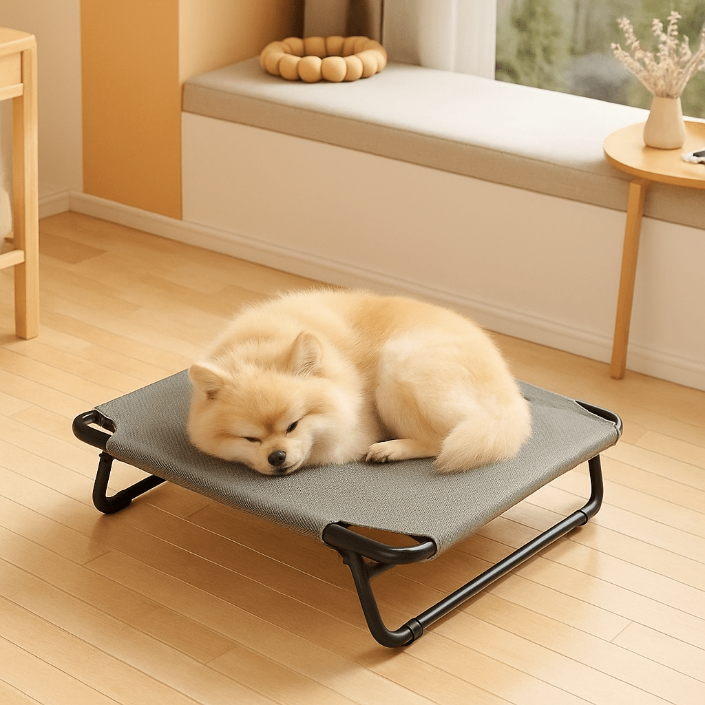 Lit-de-camp-chien-hamac-surélevé avec pied pliable-résistant au griffes-respirant-aérer pour toute saison en maille oxford 100% imperméable qui ne retient pas les poils et les saletés-hygiénique-entretien facile-lavable-pieds antidérapants et anti-rayures-polyvalent pour une utilisation intérieur et extérieur-idéal pour les voyages-solide et durable avec pieds en acier inoxydable-un chien moyen à poils dense qui dort en boule sur son lit surélevé gris dans le salon de la maison