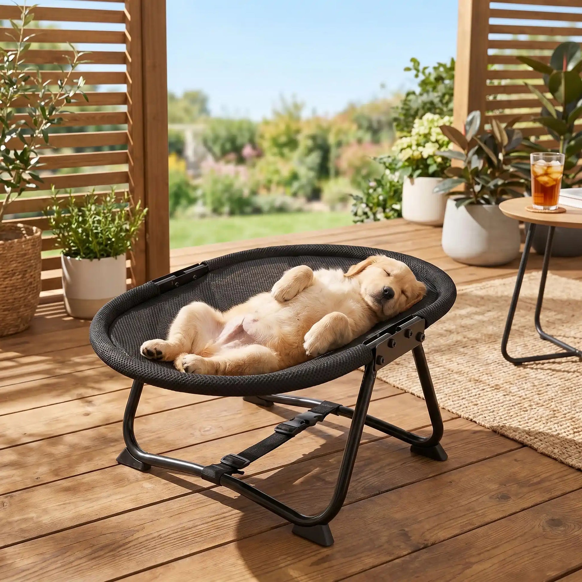 Lit-de-camp-chien-chaise, hamac d'été en maille repirante solide pour une circulation d'air optimale, imperméable, lavable, avec sa structure en acier inoxydable avec sangles de sécurité réglable et pliable, compacte pour chiot et chien de petite taille de 0 à 6 kilos maximum de couleur noir, léger et transportable-un chiot qui dort sur le dos, les pattes en l'air sur le hamac ovale avec sa structure solide et pliable  pour chiot et chien de petite taille sur la terrasse de la maison de vacances en été