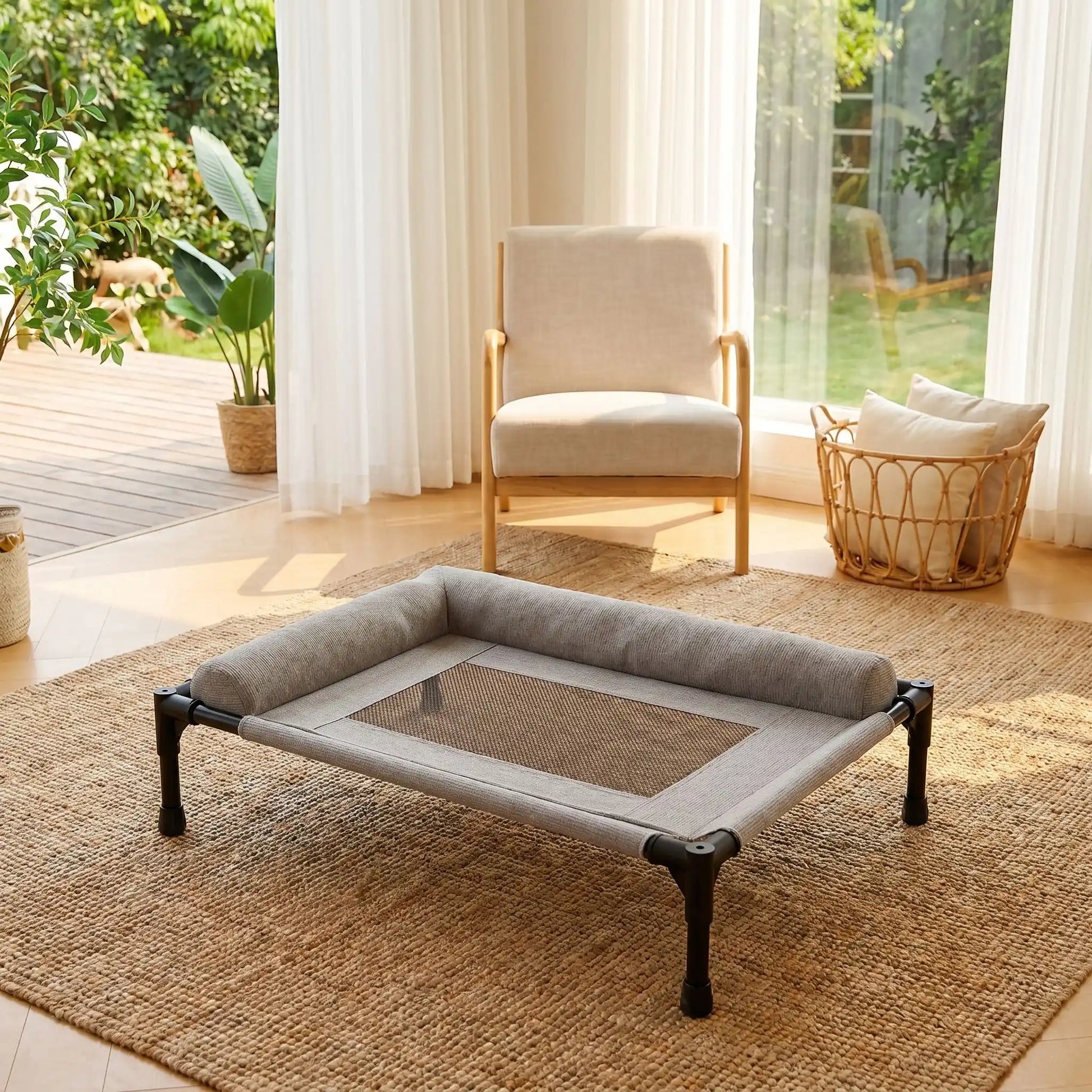 Lit-de-camp-chien-chiot-confort avec 2 traversins cylindriques en L au rembourrage 100% coton haute densité pour un soutien ergonomique pour sa tête ou son cou, entourant et sécurisant avec tissu en maille teslin ultra-résistante en teslin et contour en tissu oxford imperméable sur une structure en acier et coin arrondis en plastique sécurisé et pieds anti rayure et antidérapant-gros plan sur le lit surélevé avec toile hamac en tissu et maille pour un effet rafraichissant de couleur gris avec traversin en L