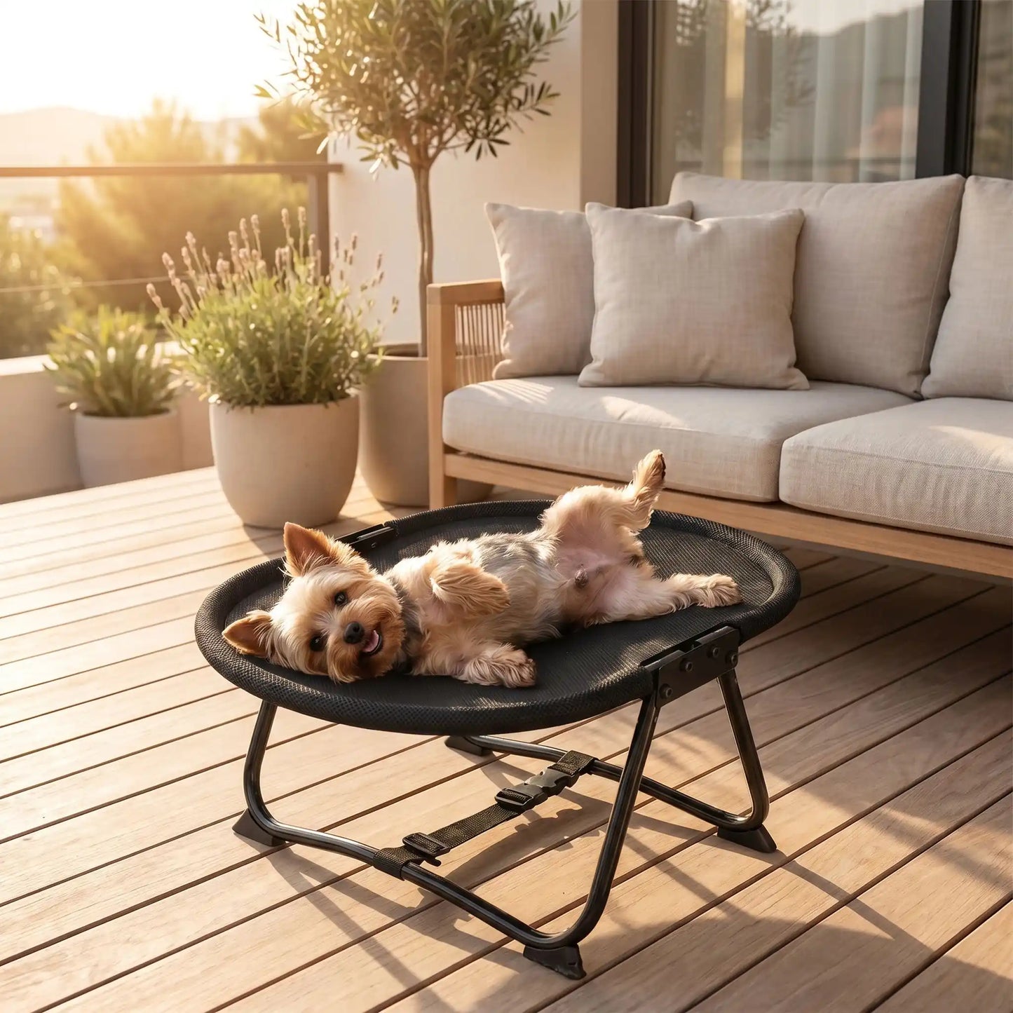 Lit-de-camp-chien-chaise, hamac d'été en maille repirante solide pour une circulation d'air optimale, imperméable, lavable, avec sa structure en acier inoxydable avec sangles de sécurité réglable et pliable, compacte pour chiot et chien de petite taille de 0 à 6 kilos maximum de couleur noir, léger et transportable-un petit chien qui s'amuse sur le dos, les pattes en l'air en se frottant sur le hamac ovale avec sa structure solide et pliable  pour chiot et chien de petite taille sur la terrasse de en été