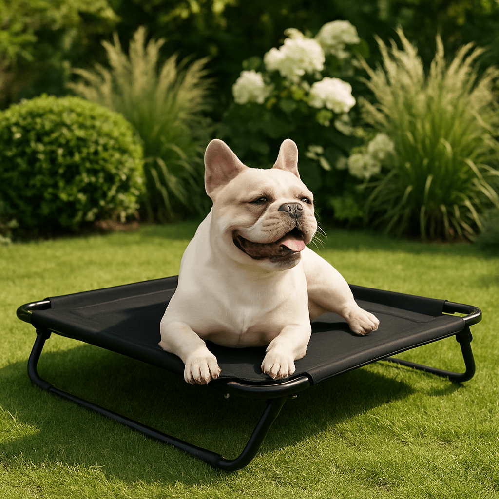 Lit-de-camp-chien-hamac-surélevé avec pied pliable-résistant au griffes-respirant-aérer pour toute saison en maille oxford 100% imperméable qui ne retient pas les poils et les saletés-hygiénique-entretien facile-lavable-pieds antidérapants et anti-rayures-polyvalent pour une utilisation intérieur et extérieur-idéal pour les voyages-solide et durable avec pieds en acier inoxydable-un chien de taille moyenne couché sur son lit surélevé noir taille M dans le jaridn de la maison
