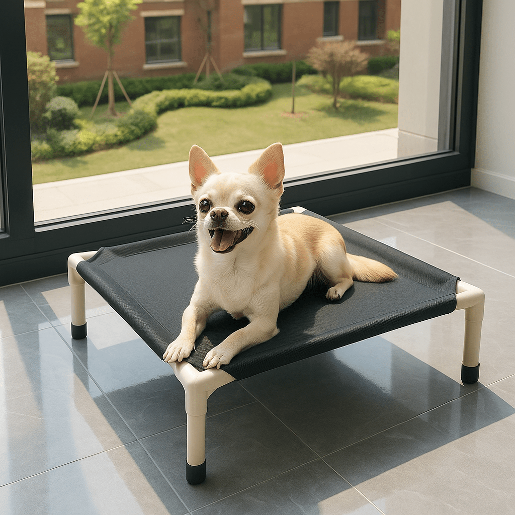 Lit-de-camp-chien-sur pied-en acier-respirant-résistant aux griffes-lavable en machine-transportable-démontable sans outils-pliable-multifonction-lit-surélevé pour petit chien et chiot-de couleur noir-un chihuahua couché confortablement sur son petit lit surélevé dans le salon de l'appartement