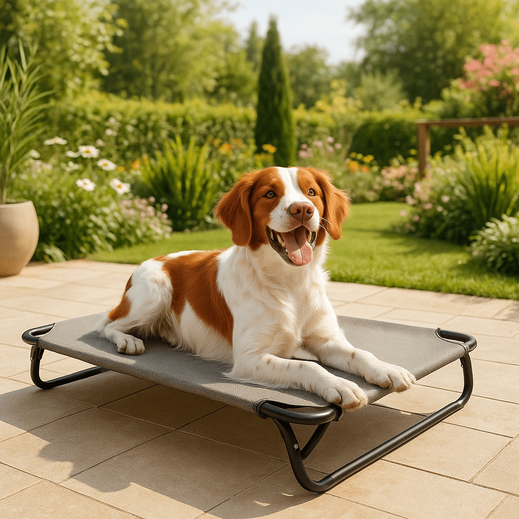 Lit-de-camp-chien-hamac-surélevé avec pied pliable-résistant au griffes-respirant-aérer pour toute saison en maille oxford 100% imperméable qui ne retient pas les poils et les saletés-hygiénique-entretien facile-lavable-pieds antidérapants et anti-rayures-polyvalent pour une utilisation intérieur et extérieur-idéal pour les voyages-solide et durable avec pieds en acier inoxydable-un chien moyen couché et heureux sur son lit sur pied gris sur la terrasse de la maison en vacances