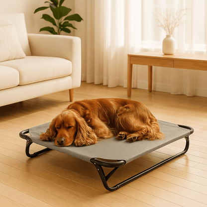 Lit-de-camp-chien-hamac-surélevé avec pied pliable-résistant au griffes-respirant-aérer pour toute saison en maille oxford 100% imperméable qui ne retient pas les poils et les saletés-hygiénique-entretien facile-lavable-pieds antidérapants et anti-rayures-polyvalent pour une utilisation intérieur et extérieur-idéal pour les voyages-solide et durable avec pieds en acier inoxydable-un Cocker Anglais qui dort paisiblement sur son lit sur pied en métal de couleur gris dans le salon e l'appartement