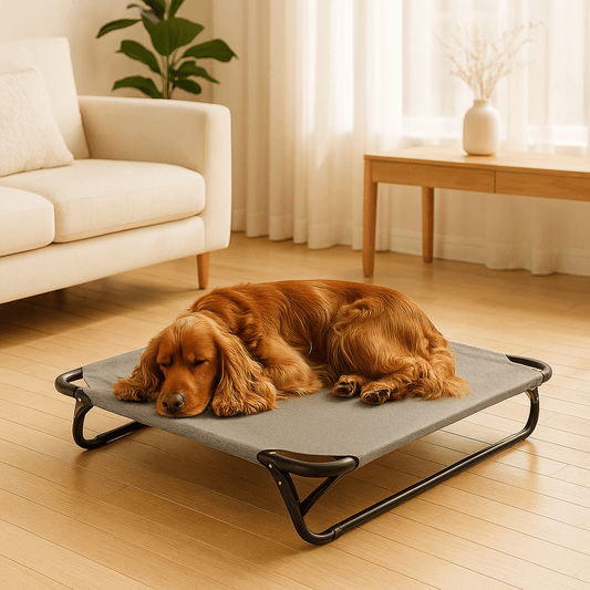 Lit-de-camp-chien-hamac-surélevé avec pied pliable-résistant au griffes-respirant-aérer pour toute saison en maille oxford 100% imperméable qui ne retient pas les poils et les saletés-hygiénique-entretien facile-lavable-pieds antidérapants et anti-rayures-polyvalent pour une utilisation intérieur et extérieur-idéal pour les voyages-solide et durable avec pieds en acier inoxydable-un Cocker Anglais qui dort paisiblement sur son lit sur pied en métal de couleur gris dans le salon e l'appartement