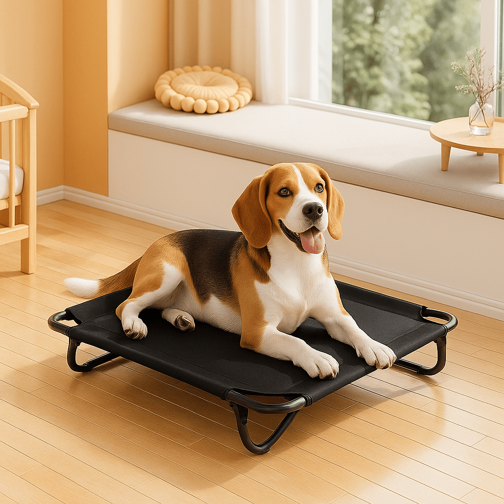 Lit-de-camp-chien-hamac-surélevé avec pied pliable-résistant au griffes-respirant-aérer pour toute saison en maille oxford 100% imperméable qui ne retient pas les poils et les saletés-hygiénique-entretien facile-lavable-pieds antidérapants et anti-rayures-polyvalent pour une utilisation intérieur et extérieur-idéal pour les voyages-solide et durable avec pieds en acier inoxydable-un chien moyen heureux couché sur son lit en maille sur pieds de couleur noir dans le salon de l'appartement