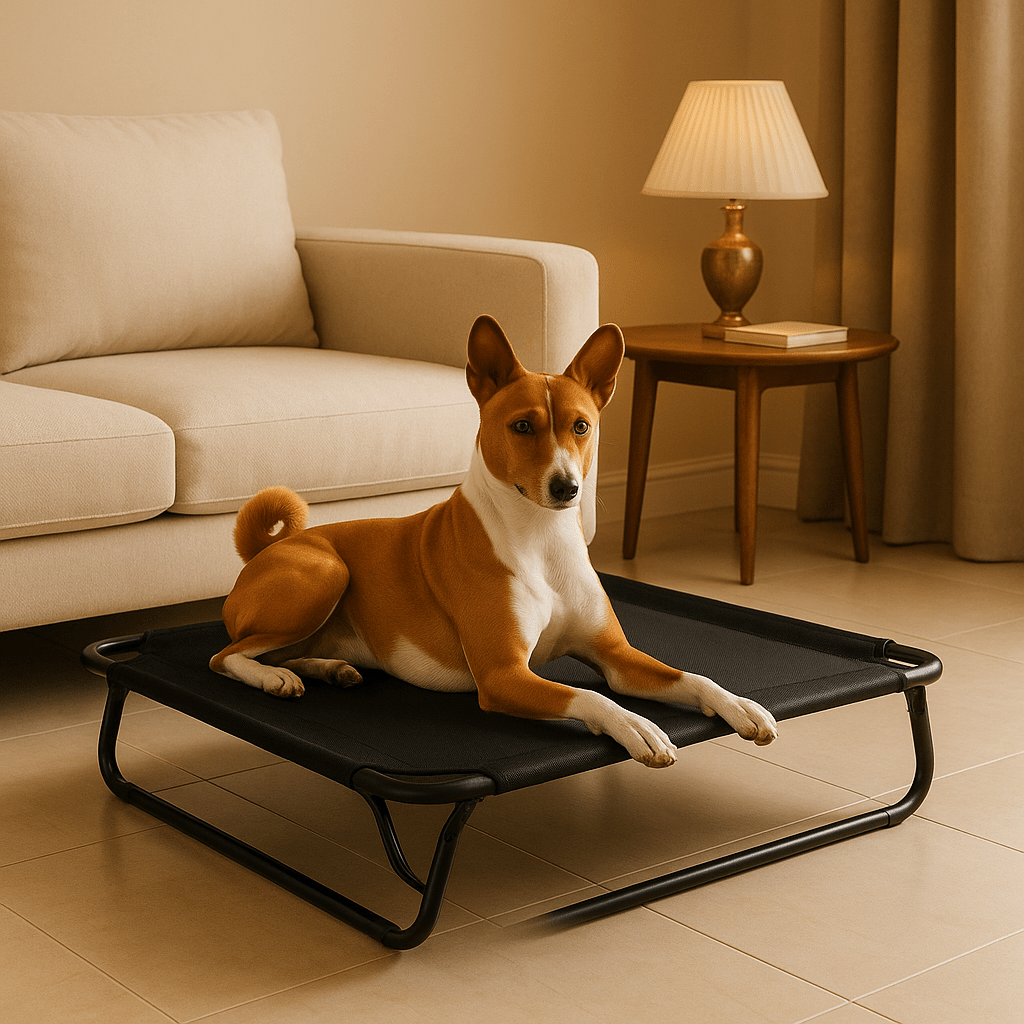 Lit-de-camp-chien-hamac-surélevé avec pied pliable-résistant au griffes-respirant-aérer pour toute saison en maille oxford 100% imperméable qui ne retient pas les poils et les saletés-hygiénique-entretien facile-lavable-pieds antidérapants et anti-rayures-polyvalent pour une utilisation intérieur et extérieur-idéal pour les voyages-solide et durable avec pieds en acier inoxydable-un chien de taille moyenne heureux sur son lit surélevé noir dans le salon de l'appartement