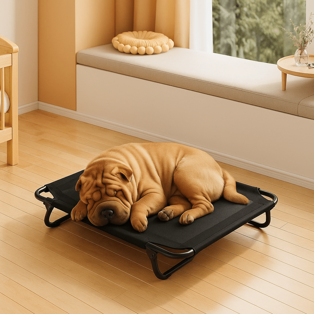 Lit-de-camp-chien-hamac-surélevé avec pied pliable-résistant au griffes-respirant-aérer pour toute saison en maille oxford 100% imperméable qui ne retient pas les poils et les saletés-hygiénique-entretien facile-lavable-pieds antidérapants et anti-rayures-polyvalent pour une utilisation intérieur et extérieur-idéal pour les voyages-solide et durable avec pieds en acier inoxydable-un chien de taille moyenne sur son lit surélevé de taille M de couleur noir en maille solide sur pieds et sangles dans le salon 