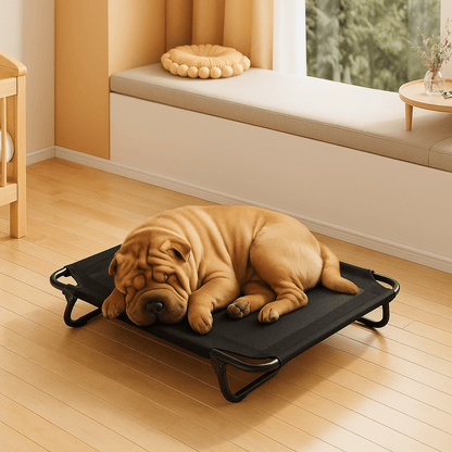 Lit-de-camp-chien-hamac-surélevé avec pied pliable-résistant au griffes-respirant-aérer pour toute saison en maille oxford 100% imperméable qui ne retient pas les poils et les saletés-hygiénique-entretien facile-lavable-pieds antidérapants et anti-rayures-polyvalent pour une utilisation intérieur et extérieur-idéal pour les voyages-solide et durable avec pieds en acier inoxydable-un chien de taille moyenne sur son lit surélevé de taille M de couleur noir en maille solide sur pieds et sangles dans le salon 