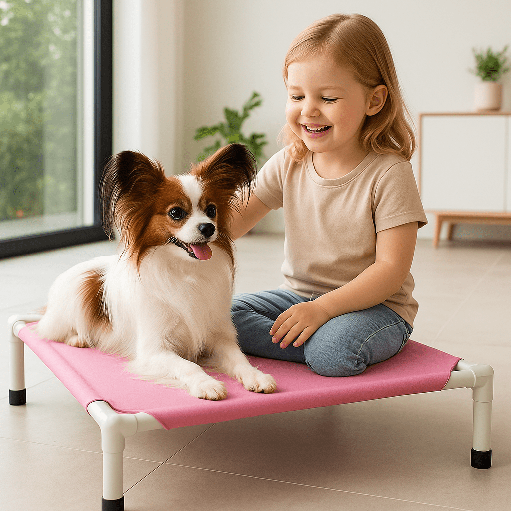 Lit-de-camp-chien-sur pied-en acier-respirant-résistant aux griffes-lavable en machine-transportable-démontable sans outils-pliable-multifonction-lit-surélevé pour petit chien et chiot-de couleur rose-petit chien couché sur son petit lit surélevé avec une petite fille assise à côté de lui dans le salonde la maison