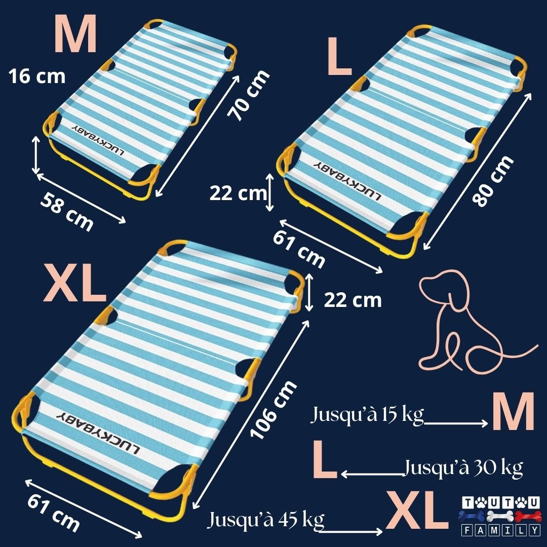 Lit-de-camp-chien-surélevé-guide-des-tailles-dimensions des 3-tailles-M-L-XL pour chien et chiot jusqu'à 45 kg