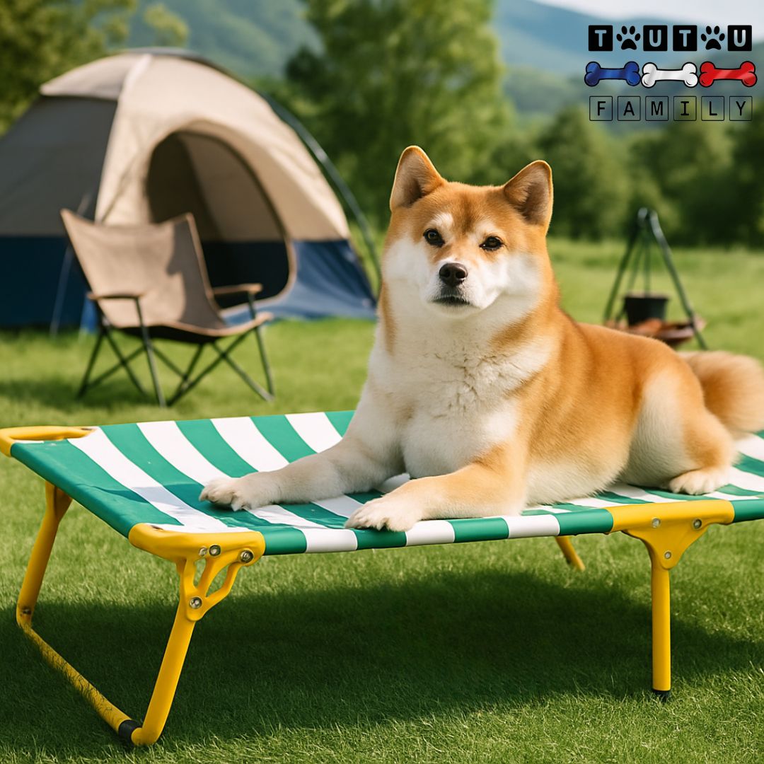 Lit-de-camp-chien-surélevé-portable-un corgi welsh couché sur son lit surélevé en toile lavable et 100% imperméable en plain air à côté de la tente de son maitre