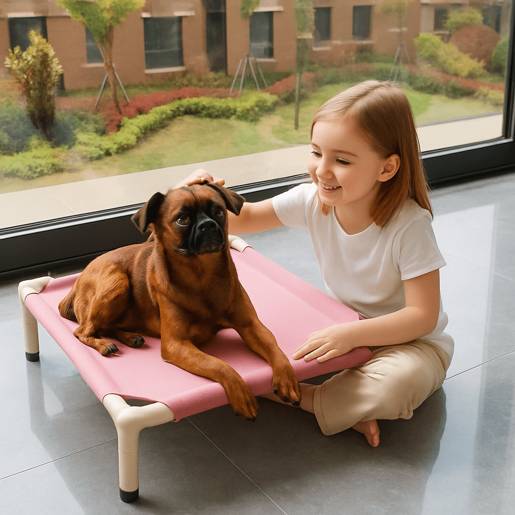 Lit-de-camp-chien-sur pied-en acier-respirant-résistant aux griffes-lavable en machine-transportable-démontable sans outils-pliable-multifonction-lit-surélevé pour petit chien et chiot-de couleur rose-un petit chien couché sur son petit lit surélevé avec une petite fille souriante assise à côté de lui sur le sol et qui le caresse tendrement dans le salon de l'appartement