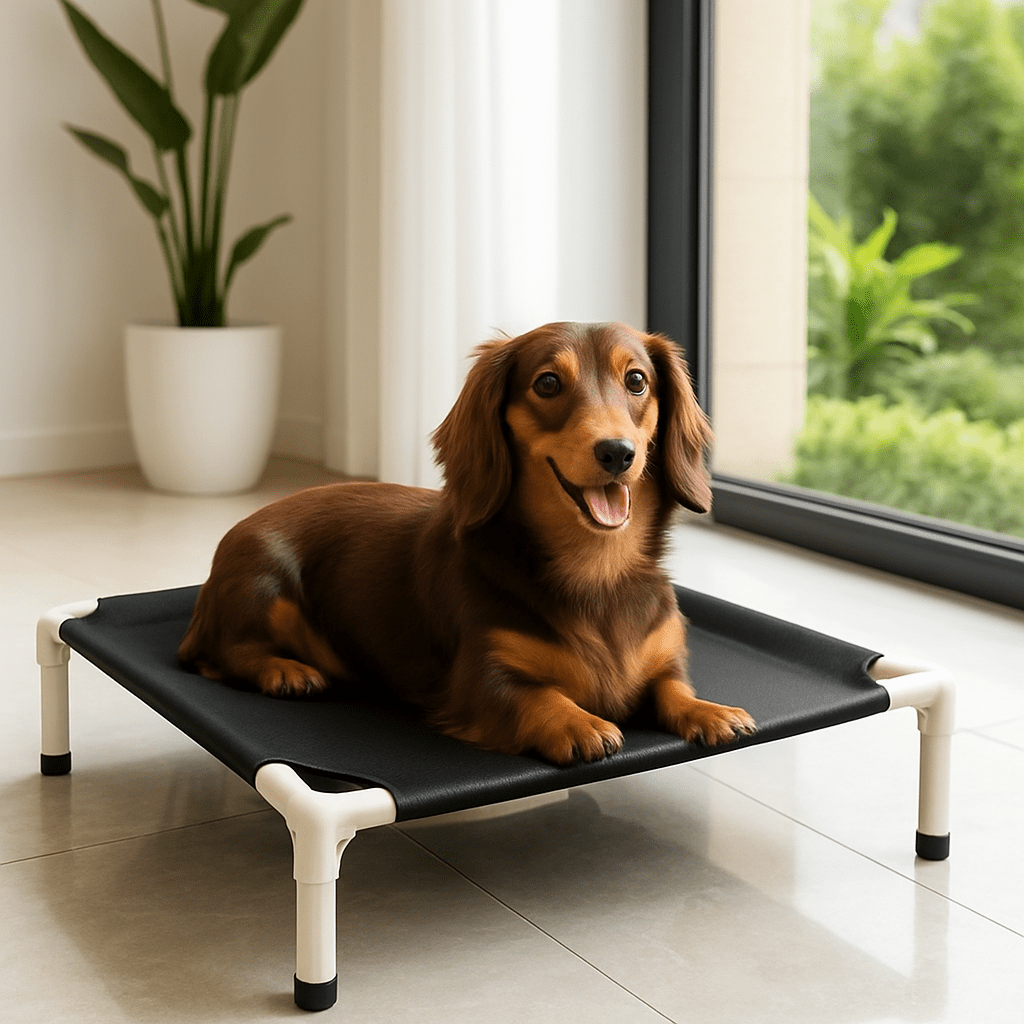 Lit-de-camp-chien-sur pied-en acier-respirant-résistant aux griffes-lavable en machine-transportable-démontable sans outils-pliable-multifonction-lit-surélevé pour petit chien et chiot-de couleur noir-un petit chien couché confortablement sur son petit lit surélevé dans le salon de la maison
