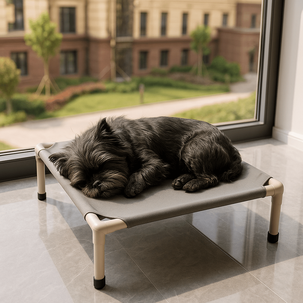 Lit-de-camp-chien-sur pied-en acier-respirant-résistant aux griffes-lavable en machine-transportable-démontable sans outils-pliable-multifonction-lit-surélevé pour petit chien et chiot-un chien de petite taille qui dort en boule sur son petit lit surélevé gris dans le salon de l'appartement