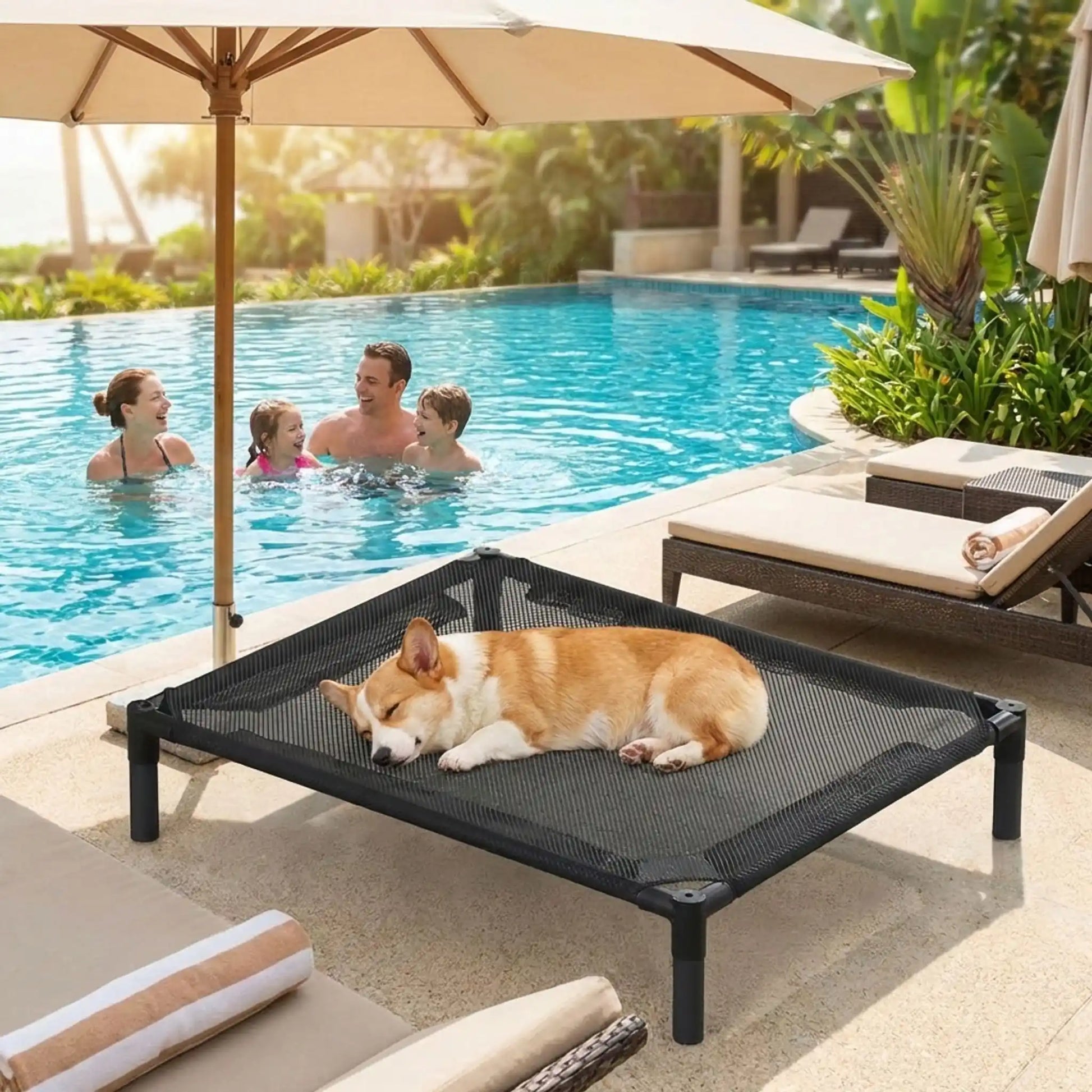 Lit-de-camp-pour-chiens-de petite à moyenne taille de 0 à 15 kilos, en maille oxford robuste imperméable, aéré idéal pour les mois chauds, surélévé par des pieds et structure en acier avec des pieds antidérapant et anti-rayures, pour une utilisation en intérieur ou extérieur, montage et démontage facile pour les voyages ou un rangement ultra-compact-un chien de taille moyenne qui dort paisiblement sur le lit hamac respirant au borde la piscine de la maison où se baigne toute la famille en été