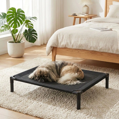 Lit-de-camp-pour-chiens-de petite à moyenne taille de 0 à 15 kilos, en maille oxford robuste imperméable, aéré idéal pour les mois chauds, surélévé par des pieds et structure en acier avec des pieds antidérapant et anti-rayures, pour une utilisation en intérieur ou extérieur, montage et démontage facile pour les voyages ou un rangement ultra-compact-un pékinois qui dort paisiblement sur le lit hamac respirant dans la chambre de son maitre en été