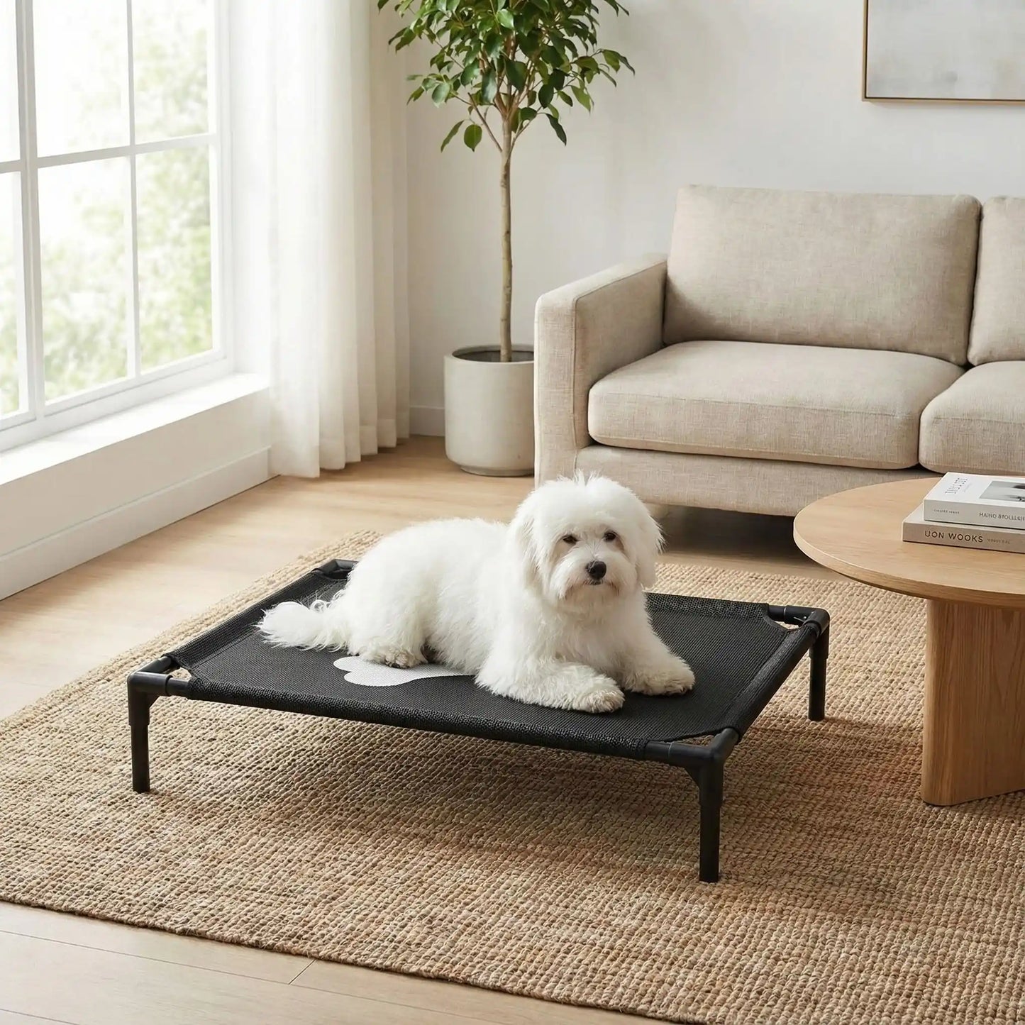 Lit-de-camp-pour-chiens-chiot-de petite taille de 0 à 7 kg, montage et démontage facile en maille robuste et respirante, imperméable et léger, un lit surélevé sur pieds en acier inoxydable avec patins antidérapants et anti rayures pour une utilisation polyvalente en intérieur et extérieur, lavable à l'eau et qui n'accroche pas les poils, hygiénique pour les 4 saisons-un petit chien blanc couché confortablement sur son lit de camp noir avec design os au milieu de la toile dans le salon de l'appartement
