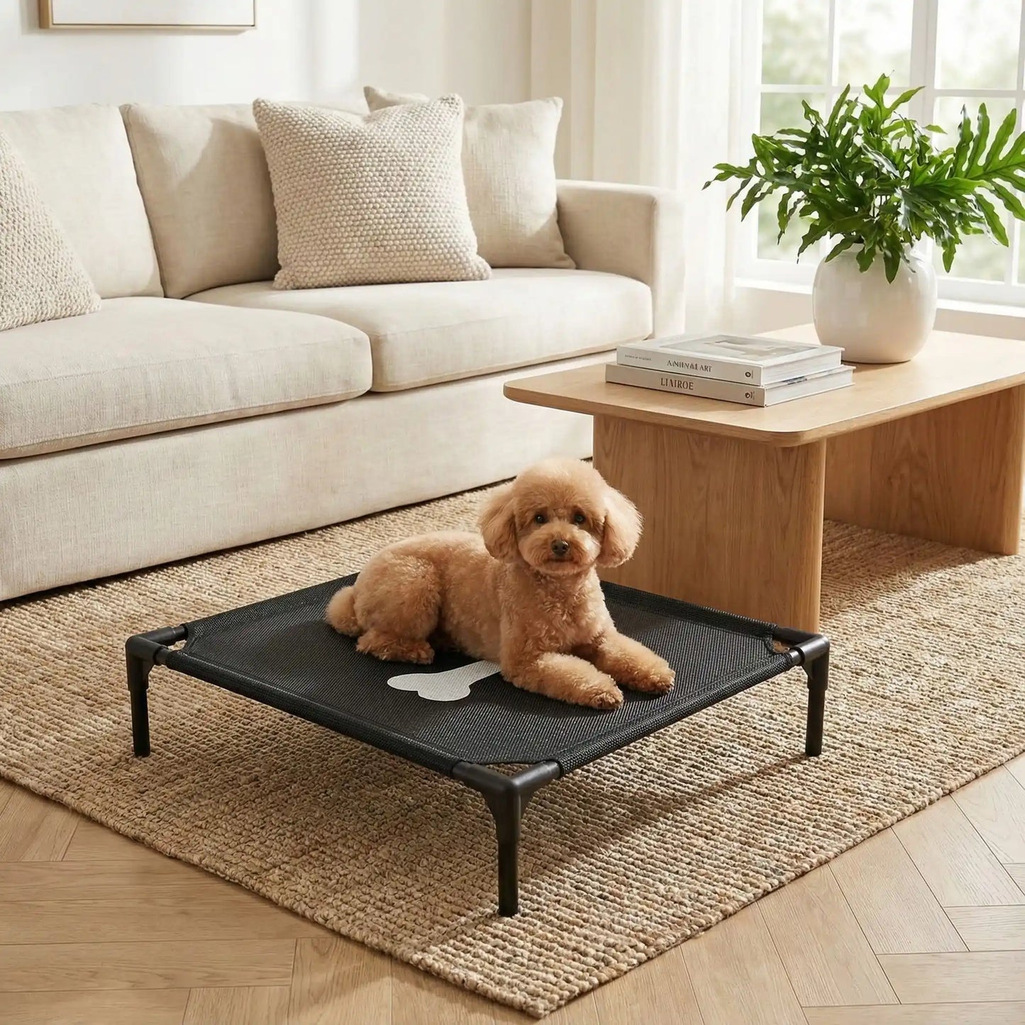 Lit-de-camp-pour-chiens-chiot-de petite taille de 0 à 7 kg, montage et démontage facile en maille robuste et respirante, imperméable et léger, un lit surélevé sur pieds en acier inoxydable avec patins antidérapants et anti rayures pour une utilisation polyvalente en intérieur et extérieur, lavable à l'eau et qui n'accroche pas les poils, hygiénique pour les 4 saisons-un chien de race naine couché confortablement sur son lit de camp noir avec design os au milieu de la toile dans le salon de l'appartement