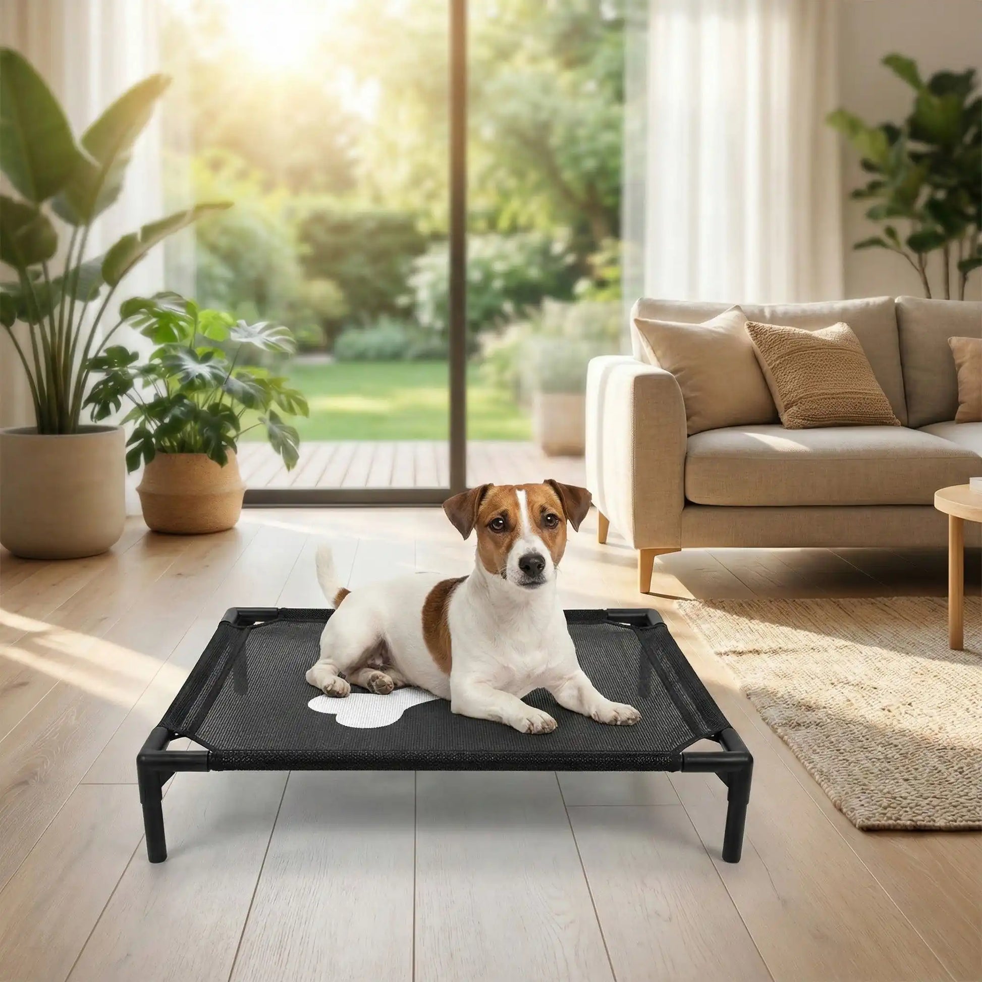 Lit-de-camp-pour-chiens-chiot-de petite taille de 0 à 7 kg, montage et démontage facile en maille robuste et respirante, imperméable et léger, un lit surélevé sur pieds en acier inoxydable avec patins antidérapants et anti rayures pour une utilisation polyvalente en intérieur et extérieur, lavable à l'eau et qui n'accroche pas les poils, hygiénique pour les 4 saisons-un Jack Russell couché confortablement sur son lit de camp noir avec design os au milieu de la toile dans le salon de la maison
