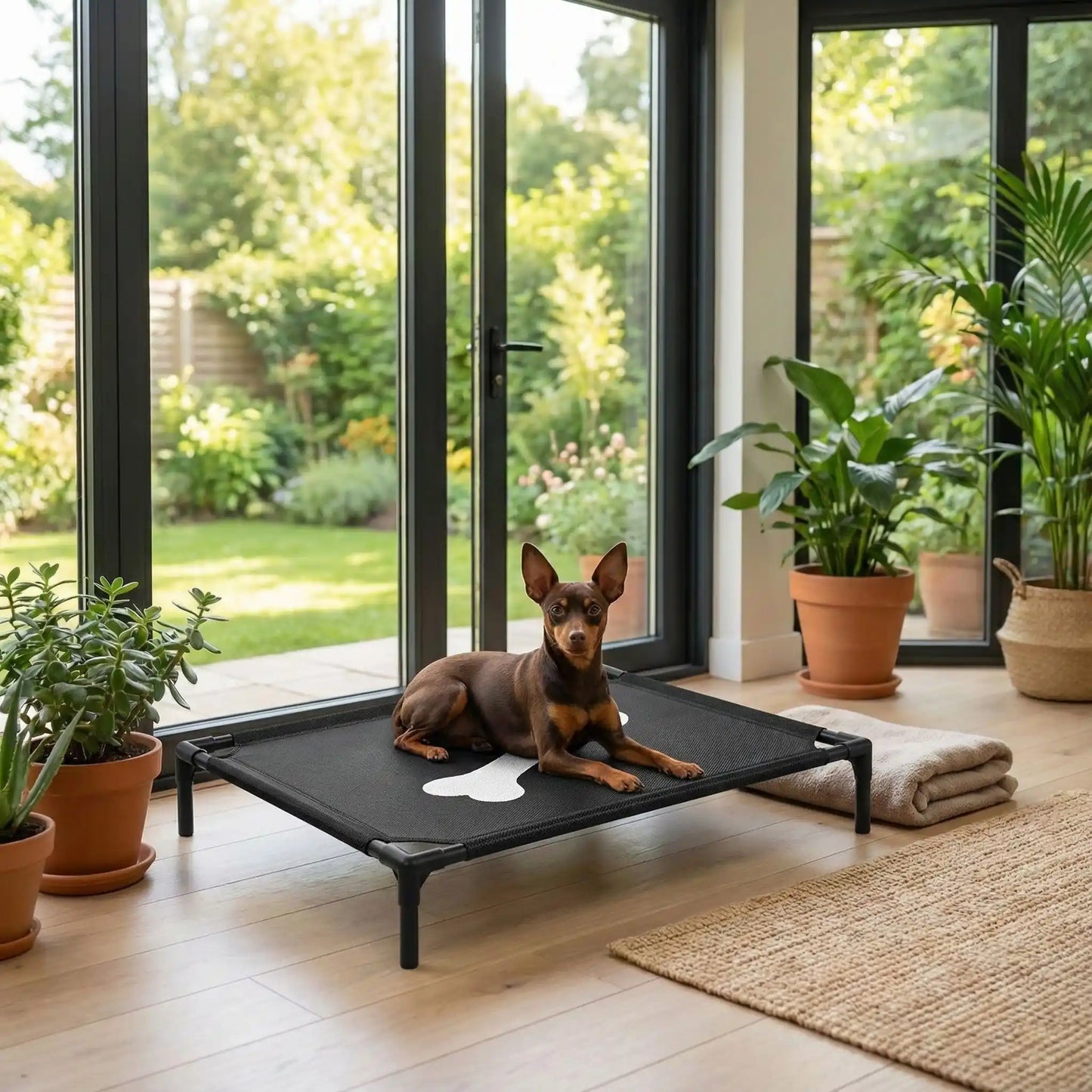 Lit-de-camp-pour-chiens-chiot-de petite taille de 0 à 7 kg, montage et démontage facile en maille robuste et respirante, imperméable et léger, un lit surélevé sur pieds en acier inoxydable avec patins antidérapants et anti rayures pour une utilisation polyvalente en intérieur et extérieur, lavable à l'eau et qui n'accroche pas les poils, hygiénique pour les 4 saisons-un Yorkshire qui dort paisiblement sur son lit de camp noir avec design os au milieu de la toile dans la véranda de la maison