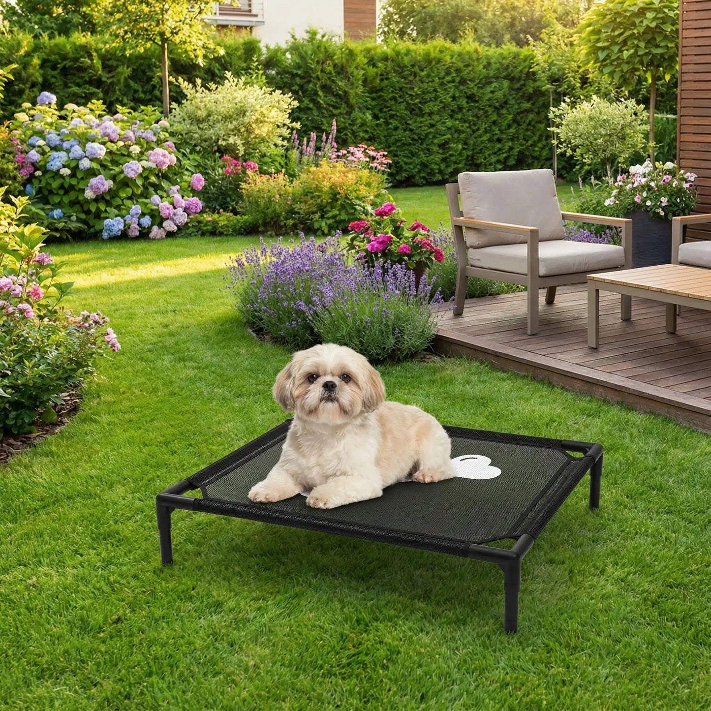 Lit-de-camp-pour-chiens-chiot-de petite taille de 0 à 7 kg, montage et démontage facile en maille robuste et respirante, imperméable et léger, un lit surélevé sur pieds en acier inoxydable avec patins antidérapants et anti rayures pour une utilisation polyvalente en intérieur et extérieur, lavable à l'eau et qui n'accroche pas les poils, hygiénique pour les 4 saisons-un chien de petite taille couché confortablement sur son lit de camp noir avec design os au milieu de la toile dans le jardin de la maison