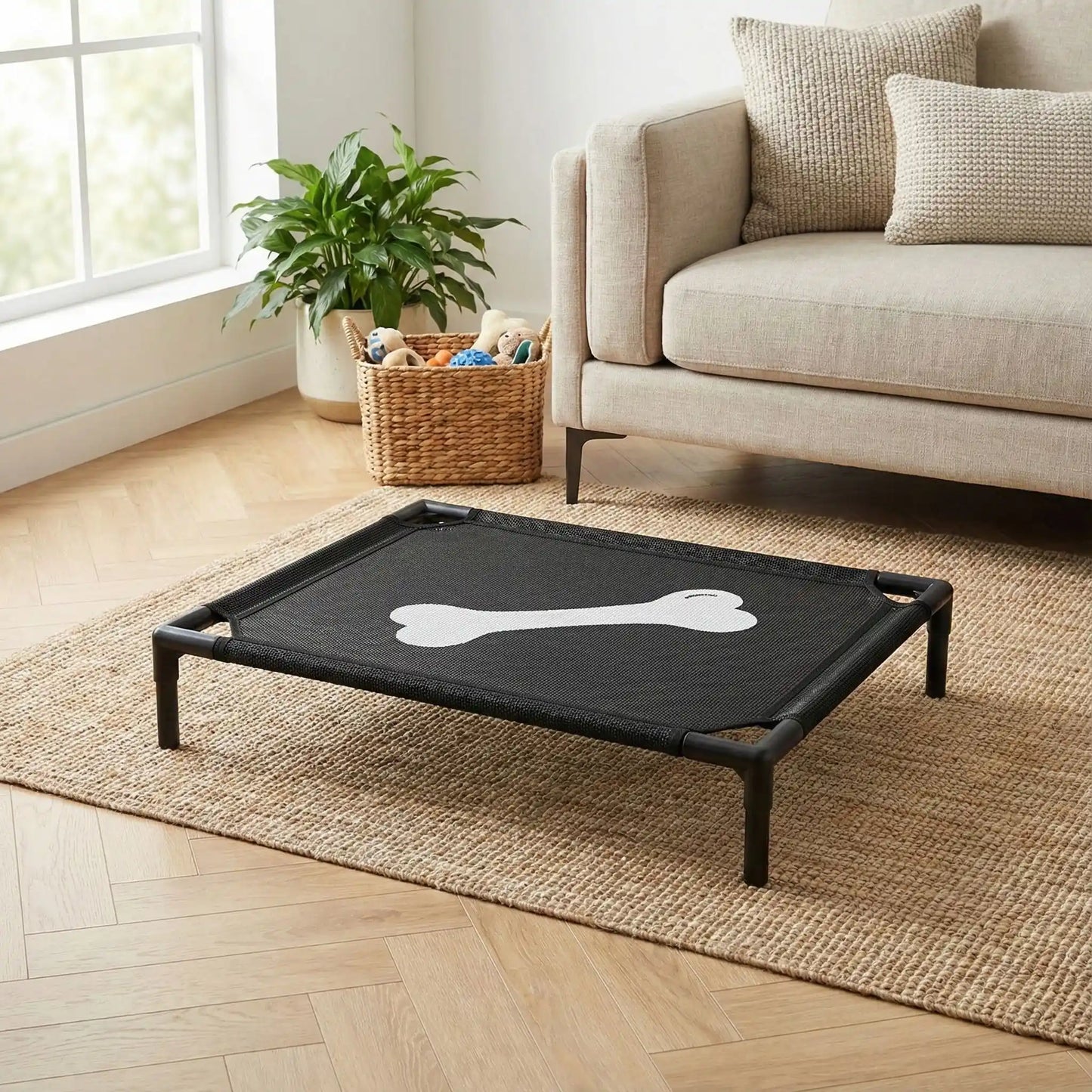 Lit-de-camp-pour-chiens-chiot-de petite taille de 0 à 7 kg, montage et démontage facile en maille robuste et respirante, imperméable et léger, un lit surélevé sur pieds en acier inoxydable avec patins antidérapants et anti rayures pour une utilisation polyvalente en intérieur et extérieur, lavable à l'eau et qui n'accroche pas les poils, hygiénique pour les 4 saisons-pour chiot et petit chien avec design mignon d'os sur la toile