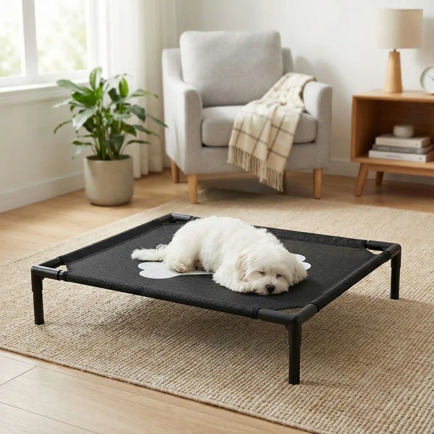 Lit-de-camp-pour-chiens-chiot-de petite taille de 0 à 7 kg, montage et démontage facile en maille robuste et respirante, imperméable et léger, un lit surélevé sur pieds en acier inoxydable avec patins antidérapants et anti rayures pour une utilisation polyvalente en intérieur et extérieur, lavable à l'eau et qui n'accroche pas les poils, hygiénique pour les 4 saisons-un peti chien qui dort paisiblement sure le ventre sur son lit de camp noir avec design os sur la toile dans le salon de l'appartement