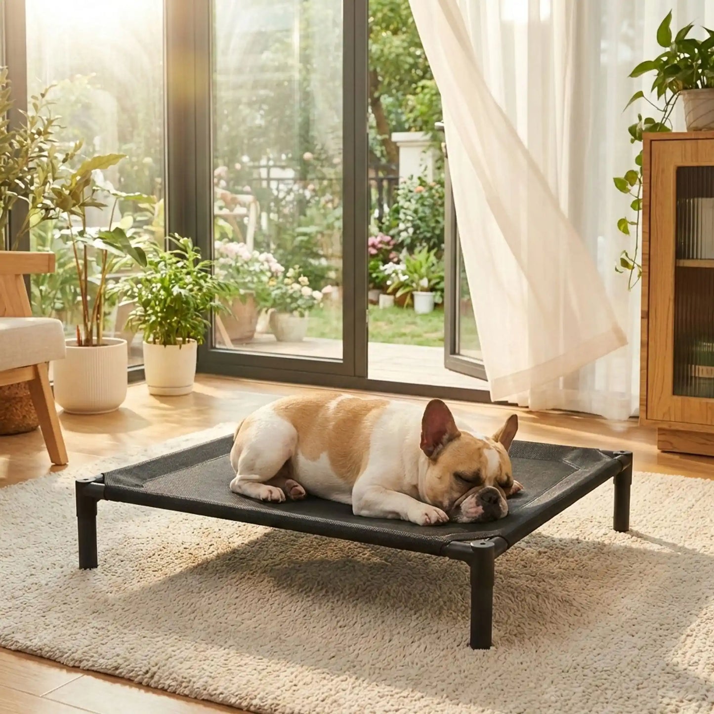 Lit-de-camp-pour-chiens-de petite à moyenne taille de 0 à 15 kilos, en maille oxford robuste imperméable, aéré idéal pour les mois chauds, surélévé par des pieds et structure en acier avec des pieds antidérapant et anti-rayures, pour une utilisation en intérieur ou extérieur, montage et démontage facile pour les voyages ou un rangement ultra-compact-un Bouledogue français qui dort paisiblement sur le lit hamac respirant dans le salon de la maison