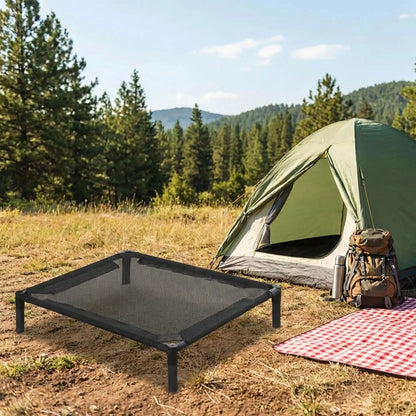 Lit-de-camp-pour-chiens-de petite à moyenne taille de 0 à 15 kilos, en maille oxford robuste imperméable, aéré idéal pour les mois chauds, surélévé par des pieds et structure en acier avec des pieds antidérapant et anti-rayures, pour une utilisation en intérieur ou extérieur, montage et démontage facile pour les voyages ou un rangement ultra-compact-modèle L pour chien de taille moyenne à côté de la tente de camping en plein air