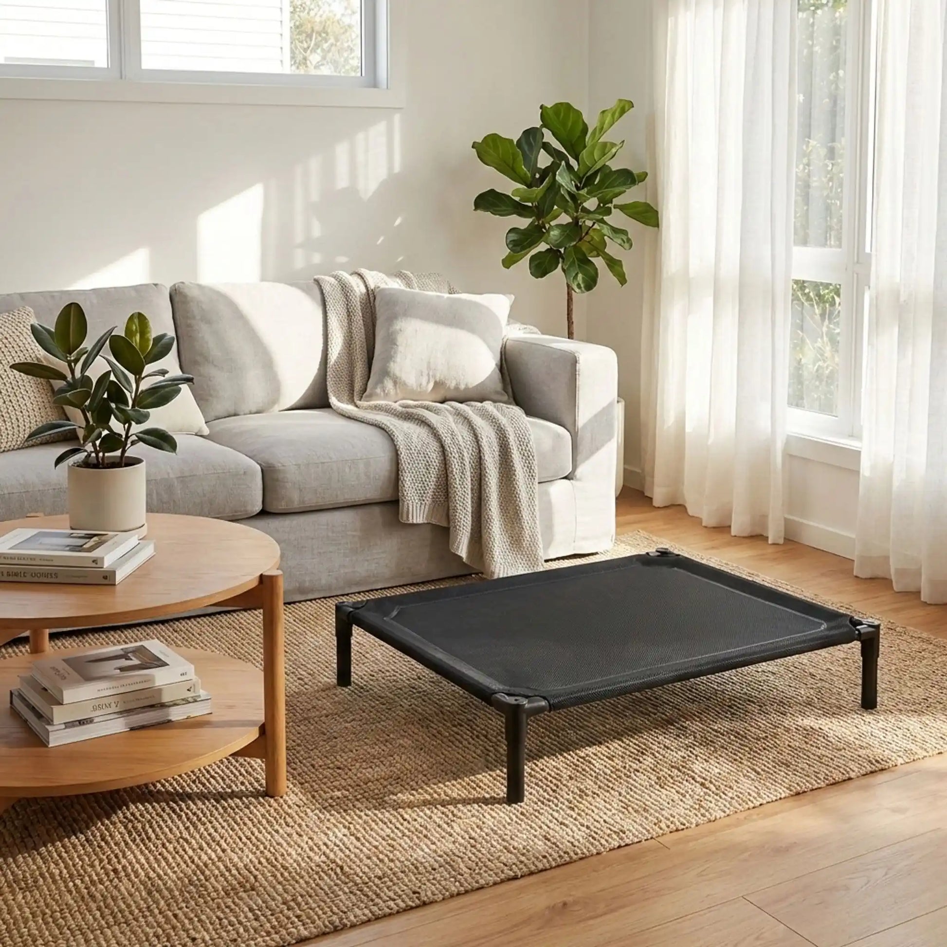 Lit-de-camp-pour-chiens-de petite à moyenne taille de 0 à 15 kilos, en maille oxford robuste imperméable, aéré idéal pour les mois chauds, surélévé par des pieds et structure en acier avec des pieds antidérapant et anti-rayures, pour une utilisation en intérieur ou extérieur, montage et démontage facile pour les voyages ou un rangement ultra-compact-un hamc pour chien de taille L pour chiot et chien de race petite à moyenne dans le salon de l'appartement