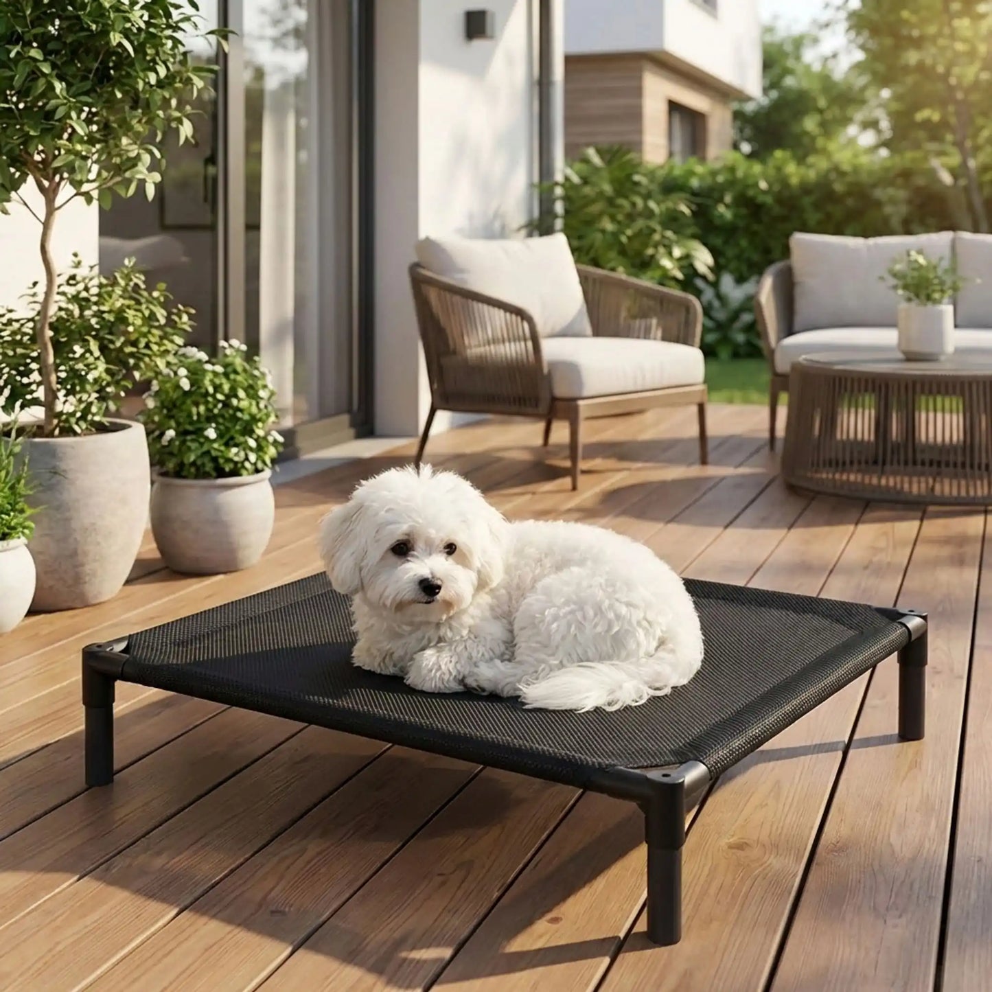 Lit-de-camp-pour-chiens-de petite à moyenne taille de 0 à 15 kilos, en maille oxford robuste imperméable, aéré idéal pour les mois chauds, surélévé par des pieds et structure en acier avec des pieds antidérapant et anti-rayures, pour une utilisation en intérieur ou extérieur, montage et démontage facile pour les voyages ou un rangement ultra-compact-un petit chien couché confortablement sur le lit hamac respirant sur la terrasse de l'appartement
